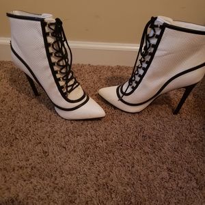 Black and white faux leather lace up booties